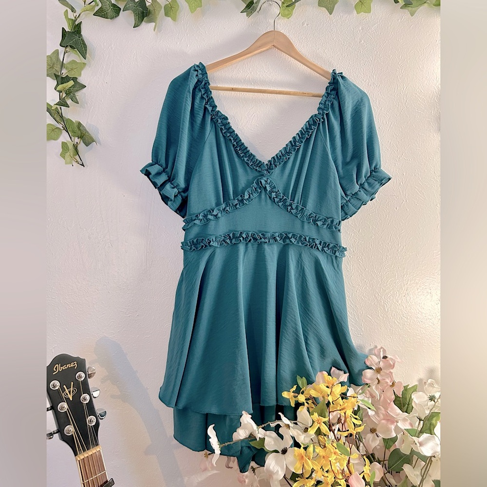 Teal Ruffled Romper - Picture 1 of 9